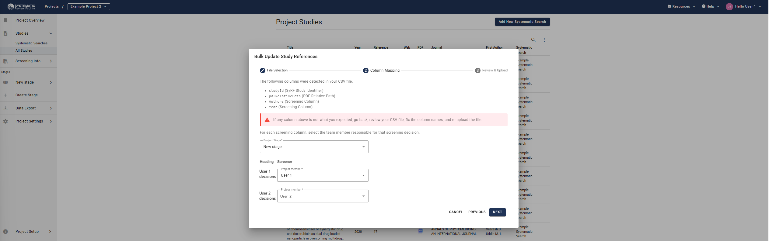Screenshot of column mapping for screening decisions in Bulk Update